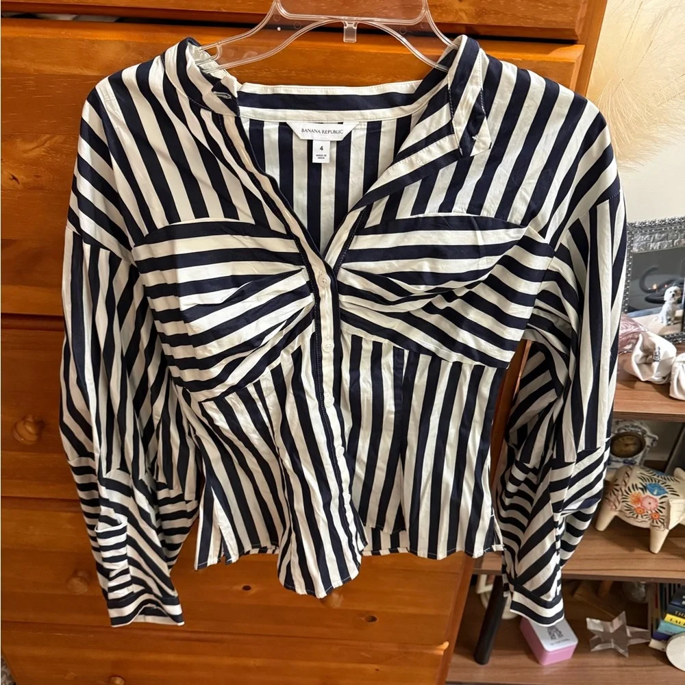 Banana Republic Black and White Striped Cotton Blouse